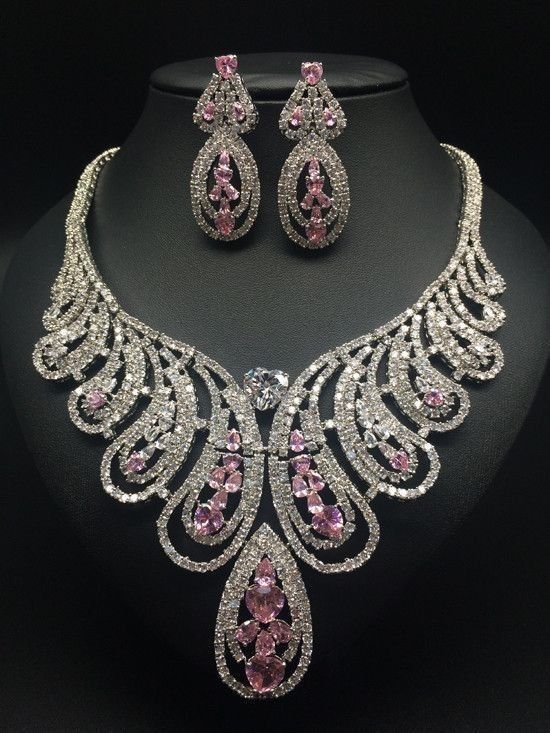 Pink Brass American Diamond Necklace Set