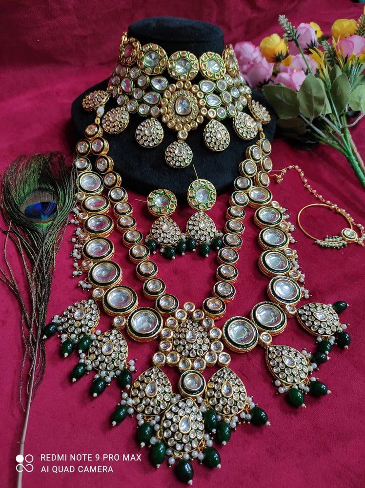 Exquisite Green Kundan Polki Bridal Set with Choker,Long and Earrings