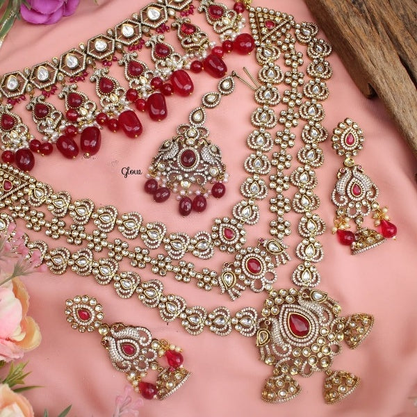 Red AD Dimond  kundan complete dulhan bridal jewelry necklace set