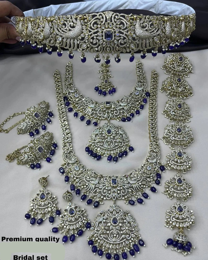 Indian Bollywood Style Zircon CZ Choker Necklace Long Haram Hip Belt Hair Brooch Arm Bracelet Tikka Full Bridal Jewelry Set